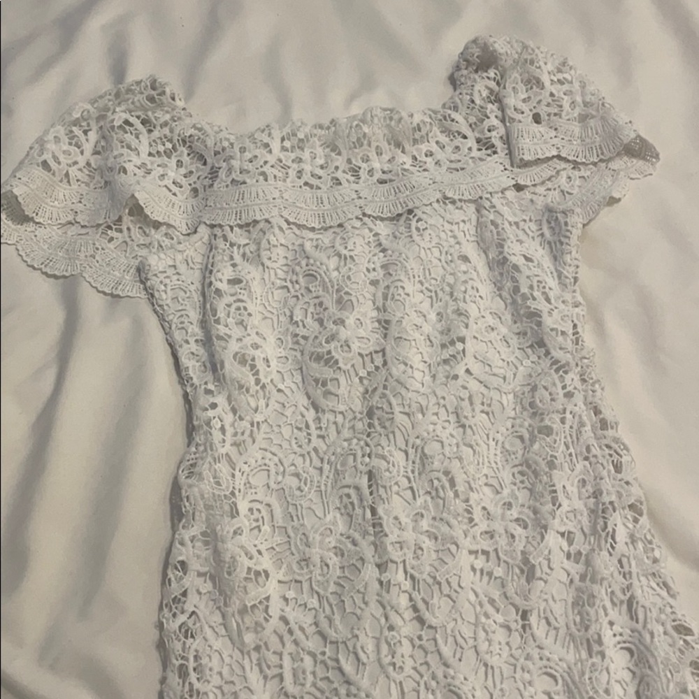 White lace off shoulder mini dress